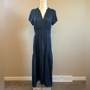 Rielle Satin Women's Navy Maxi Dress with Smocked Waist tiered skirt